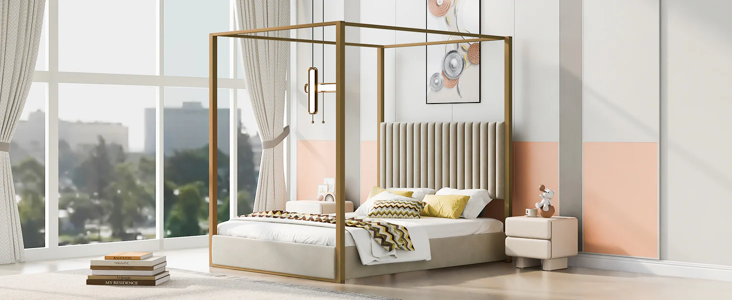 Walker Edison | Queen Size Upholstery Canopy Platform Bed - Image 6