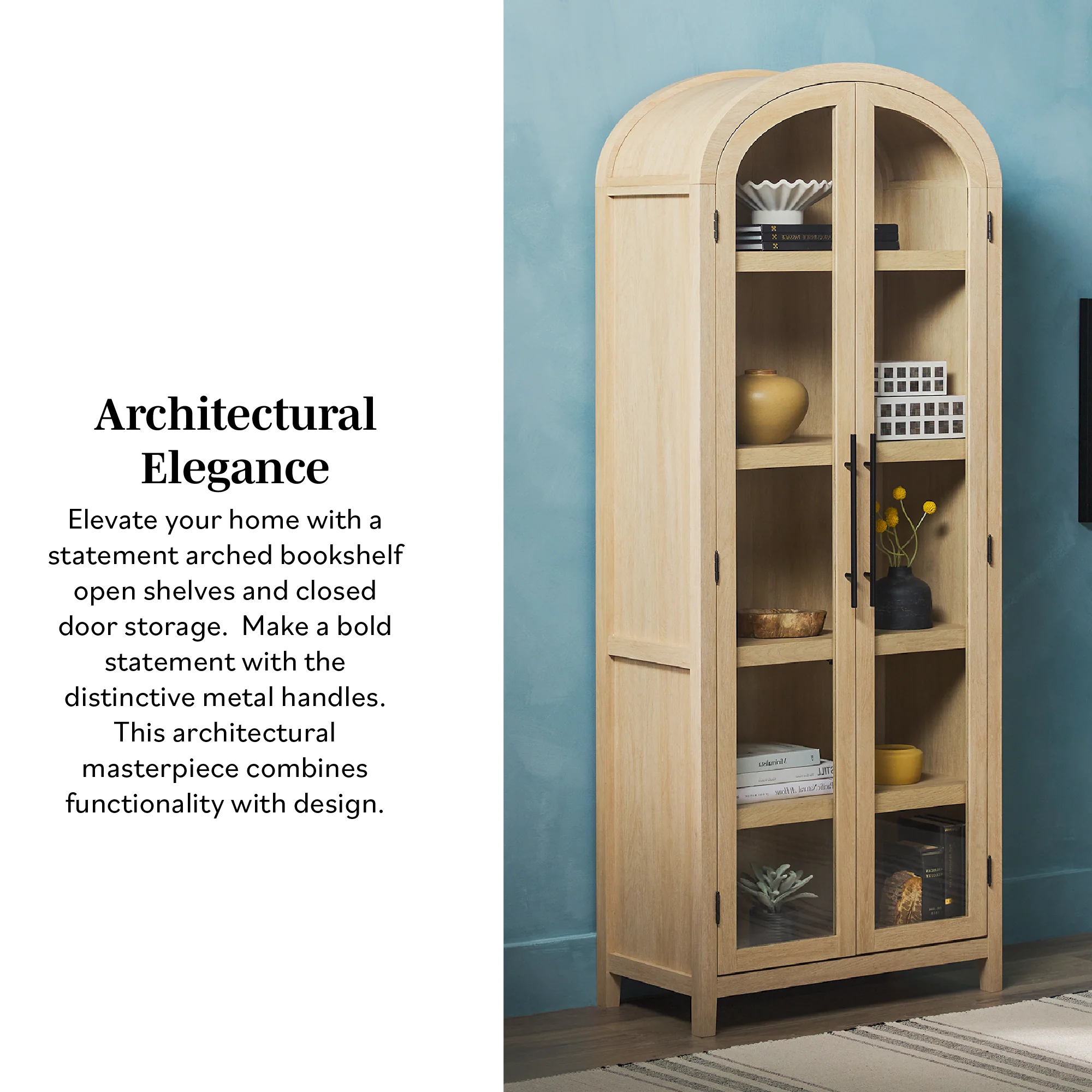 Chantelle Modern Arched Bookshelf with Glass Doors - Image 9