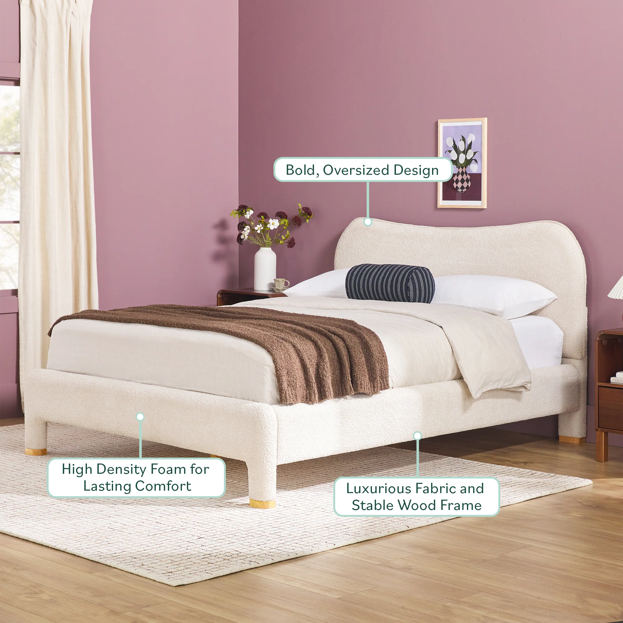 Chantelle Modern Curved Boucle Upholstered Bedframe - Image 6