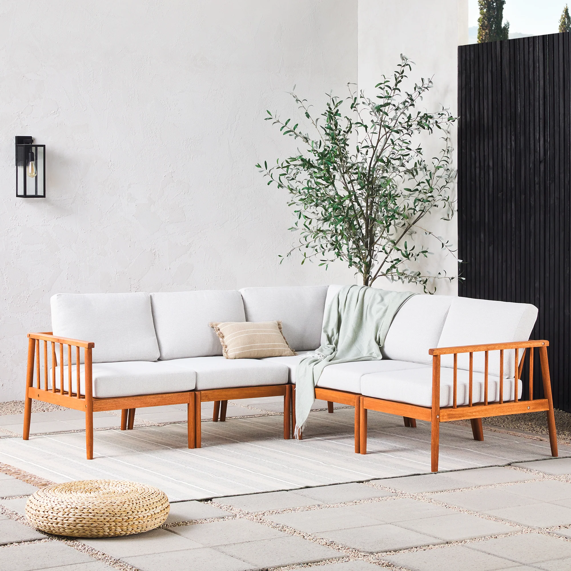 Modern 5-Piece Spindle Solid Wood Outdoor L-Shaped Sectional Set - Image 3