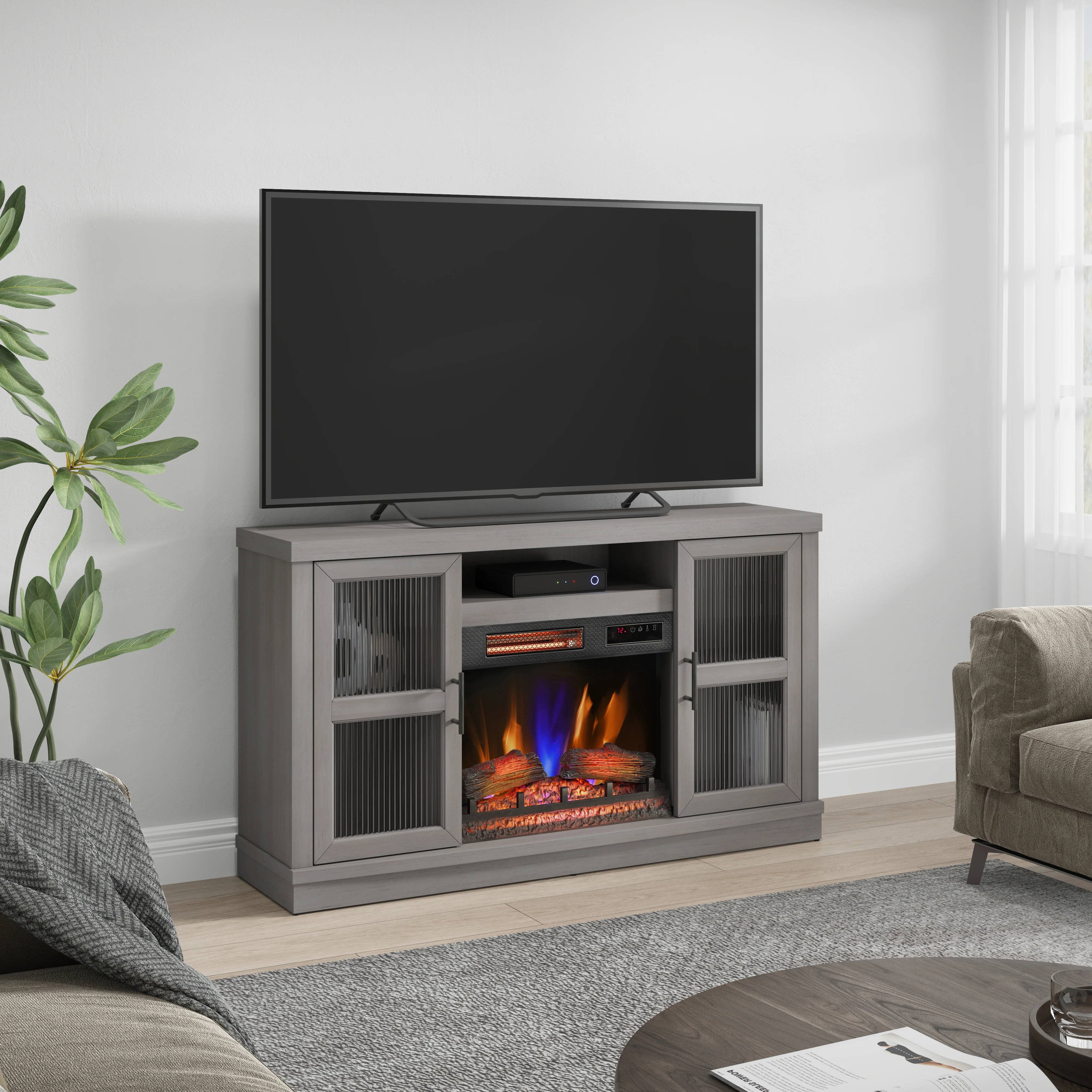 duraflame® Reeded Glass Door Electric Fireplace TV Stand Media Console - Image 14