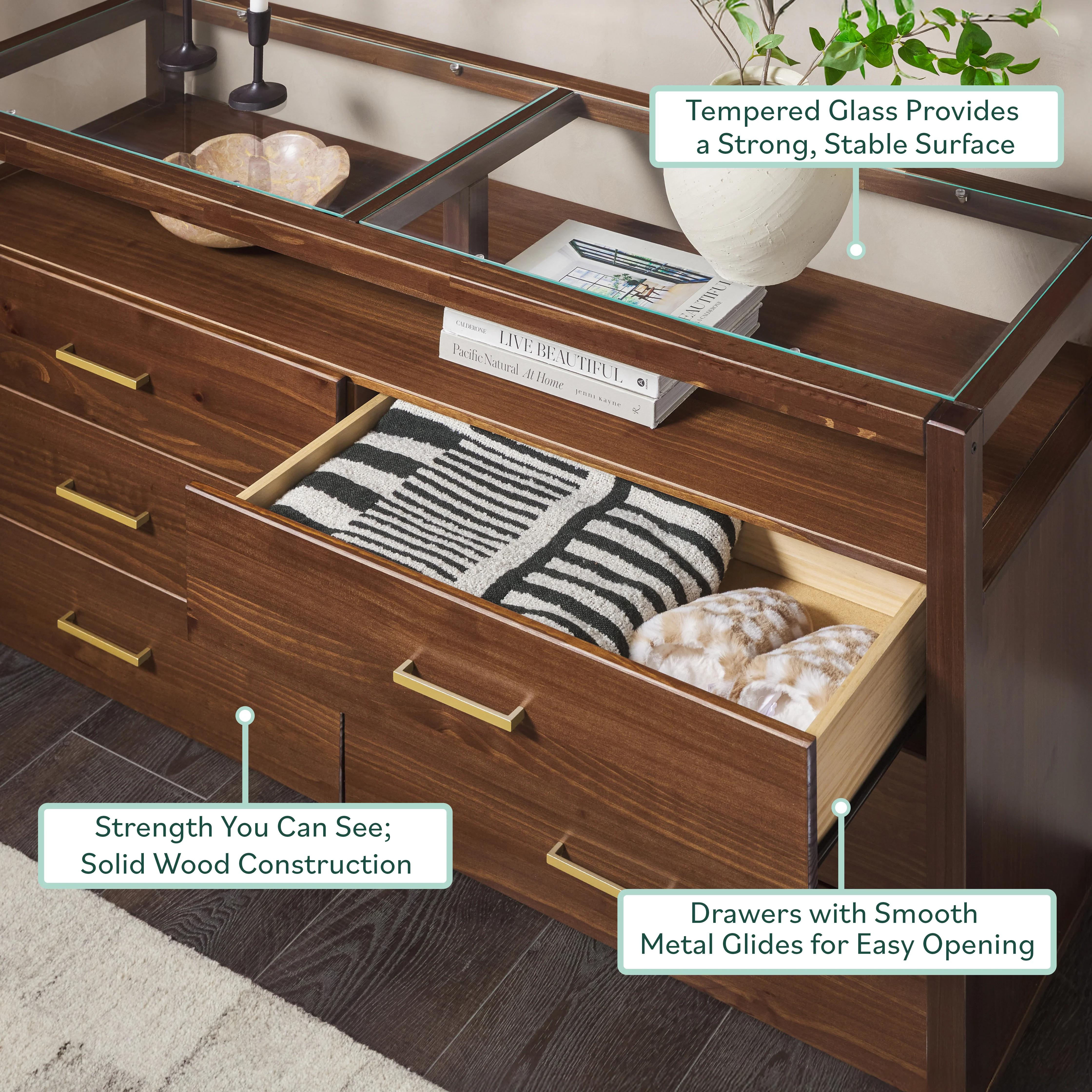 Isla Modern Easy Assembly Solid Wood 6-Drawer Dresser with Glass Top - Image 11