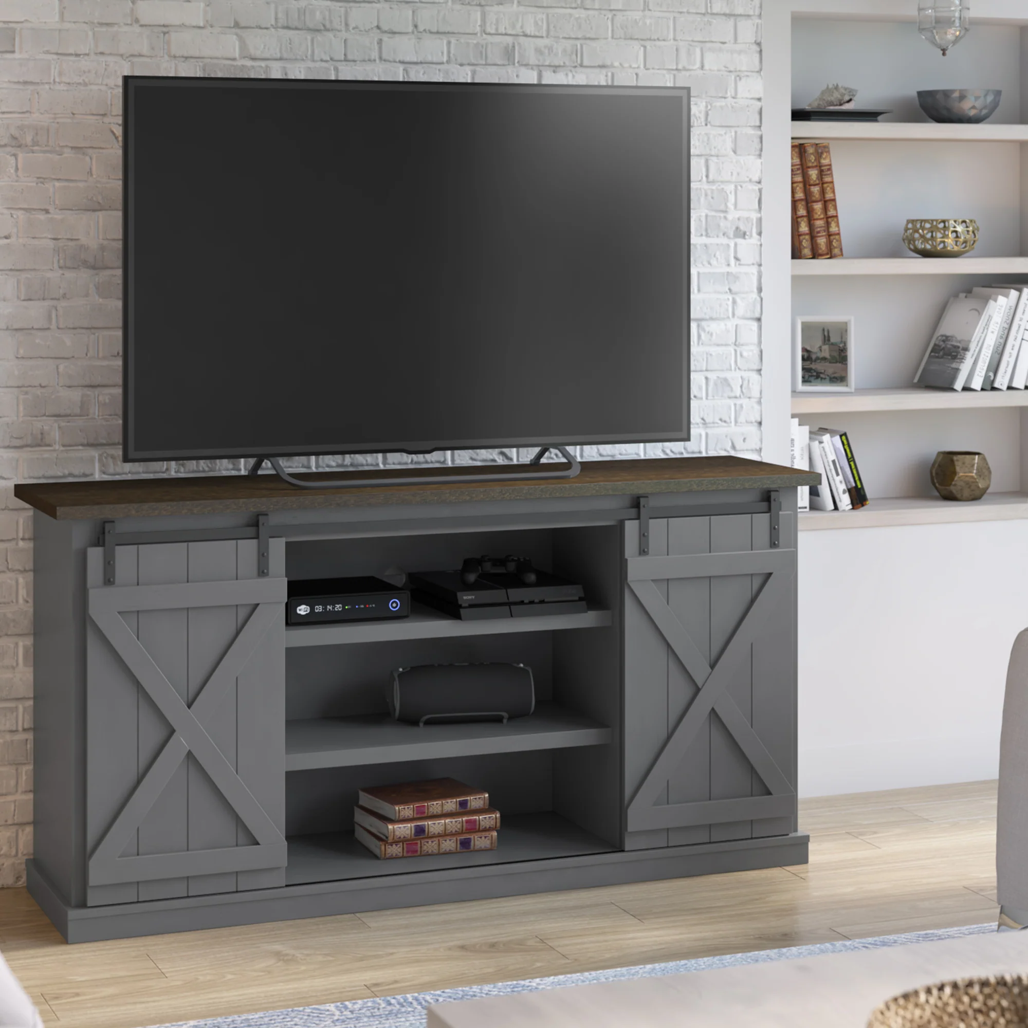 Modern Farmhouse TV Stand with Sliding Barn Doors for TVs up to 70" - Image 3
