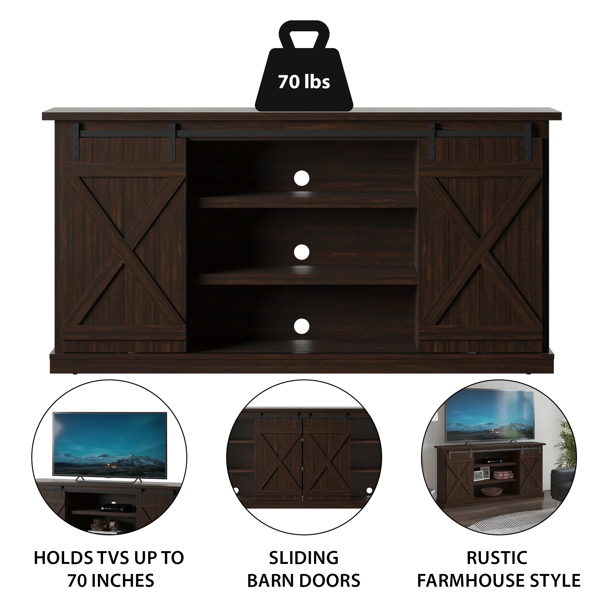 Modern Farmhouse TV Stand with Sliding Barn Doors for TVs up to 70" - Image 5