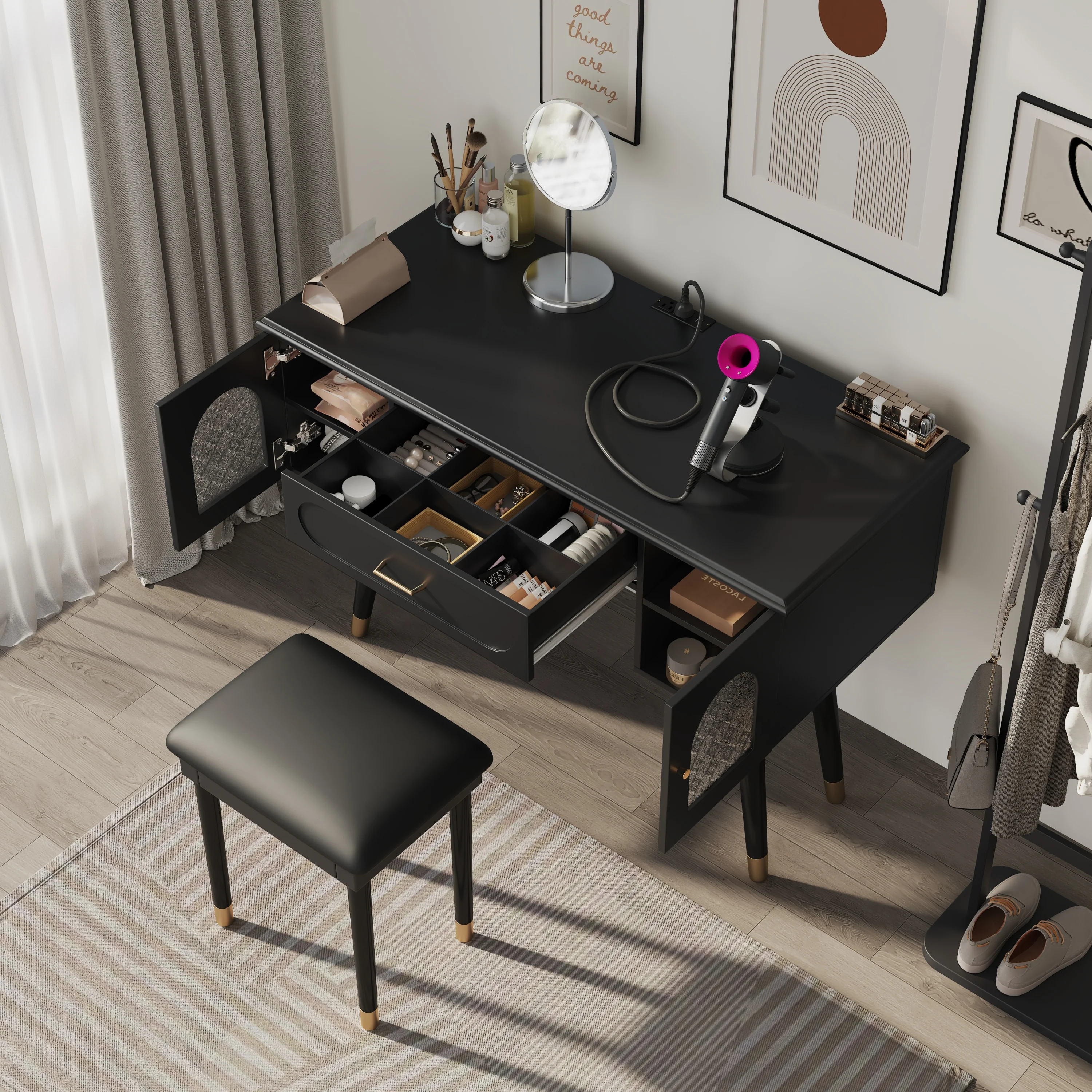 Walker Edison | Modern Vanity Makeup Table & Chair Set and Writing Desk - Image 3