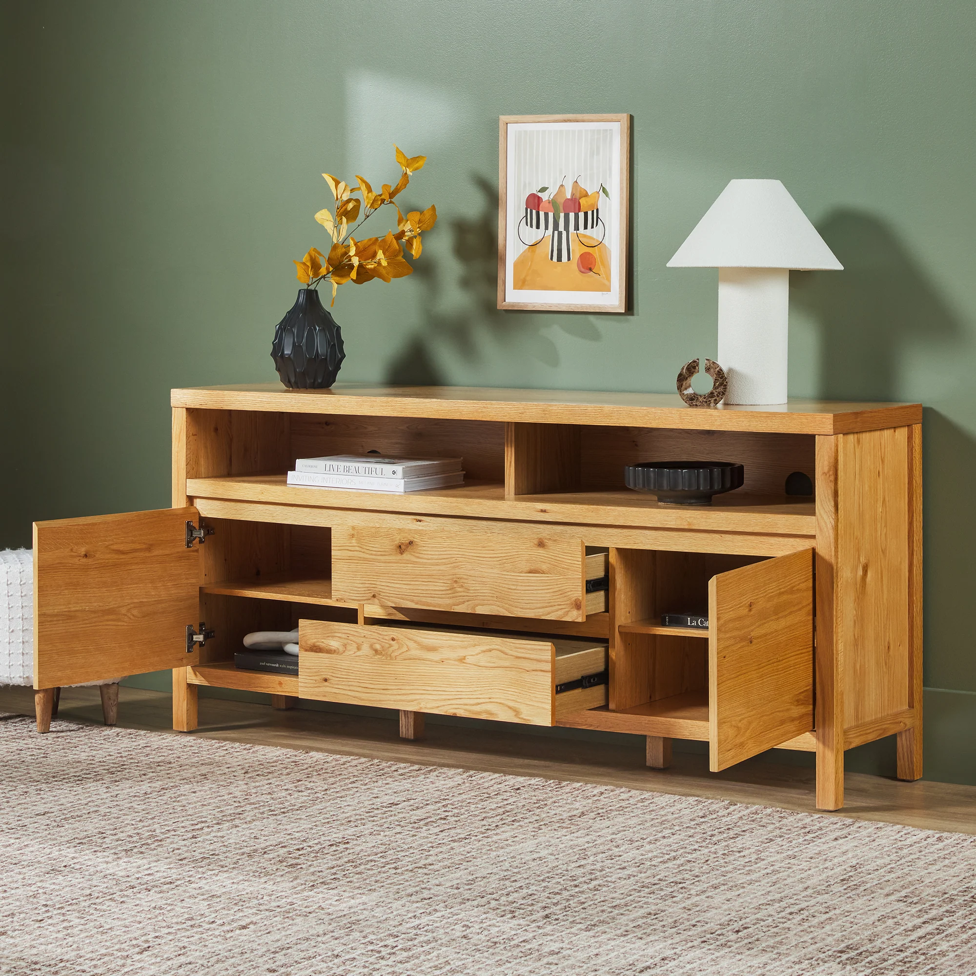Nash 65" Modern Farmhouse Rustic Oak Wood Sideboard TV Stand - Image 15