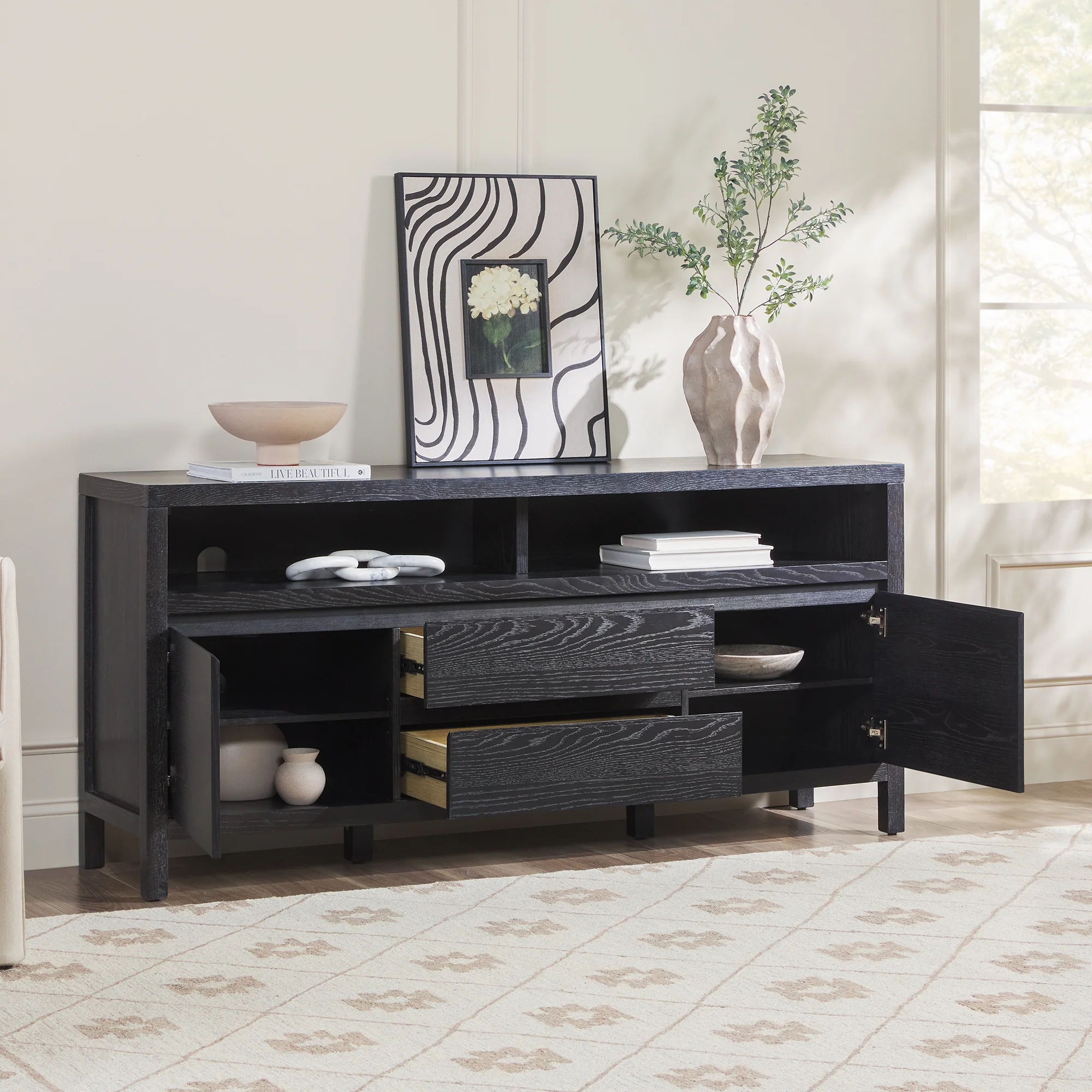 Nash 65" Modern Farmhouse Rustic Oak Wood Sideboard TV Stand - Image 3