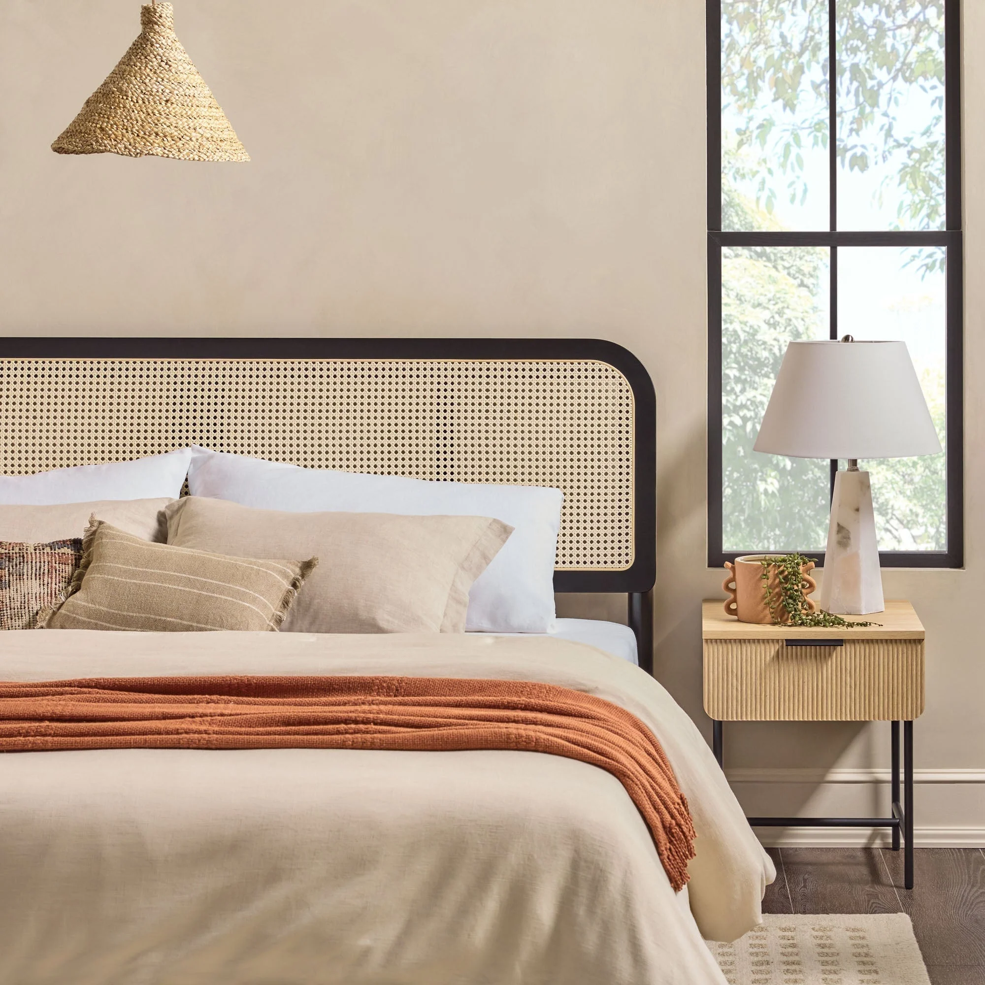 Neru Boho Curved Rattan-Headboard Bed Collection (Queen or King) - Image 15