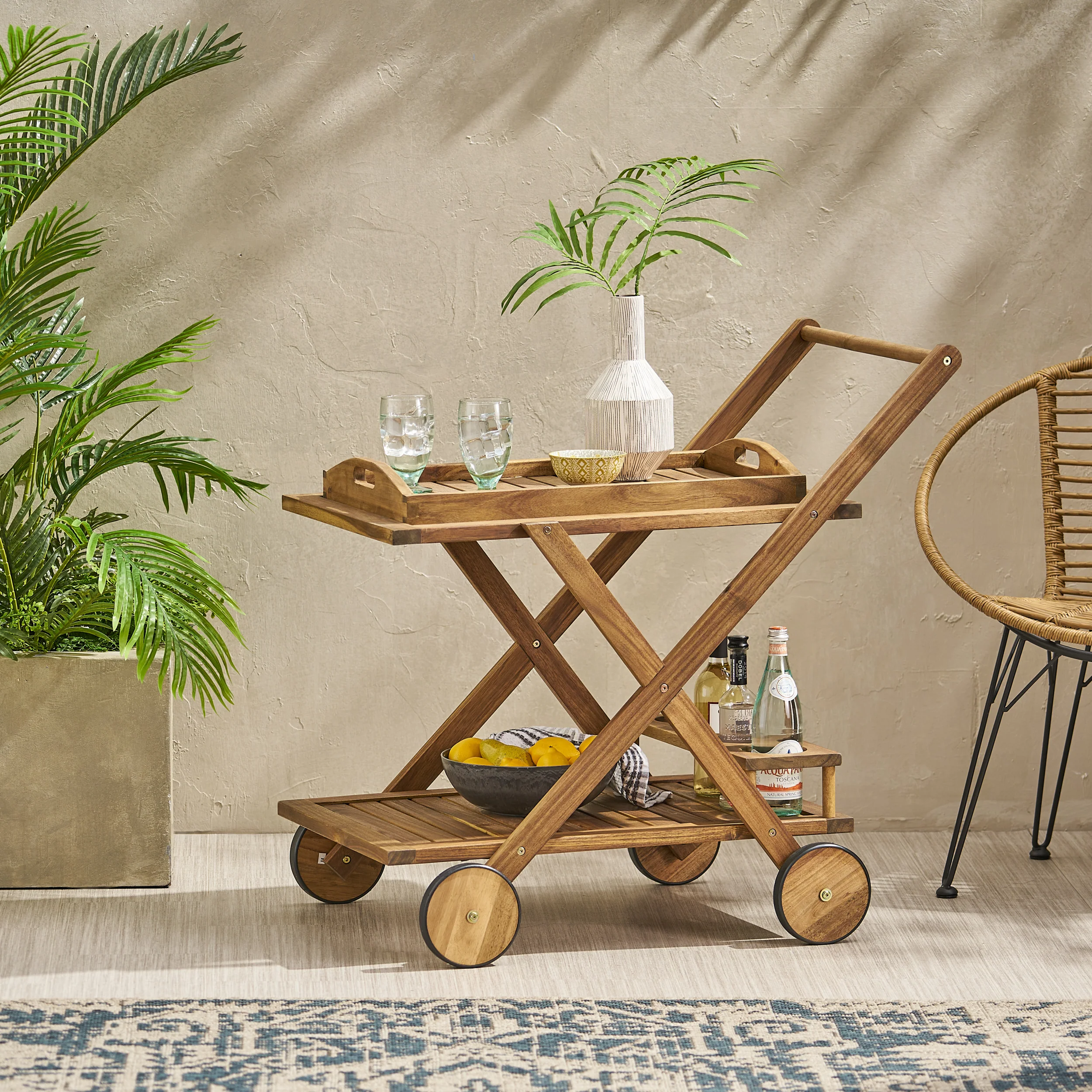 Walker Edison | Outdoor Patio Wood Bar Cart - Image 3