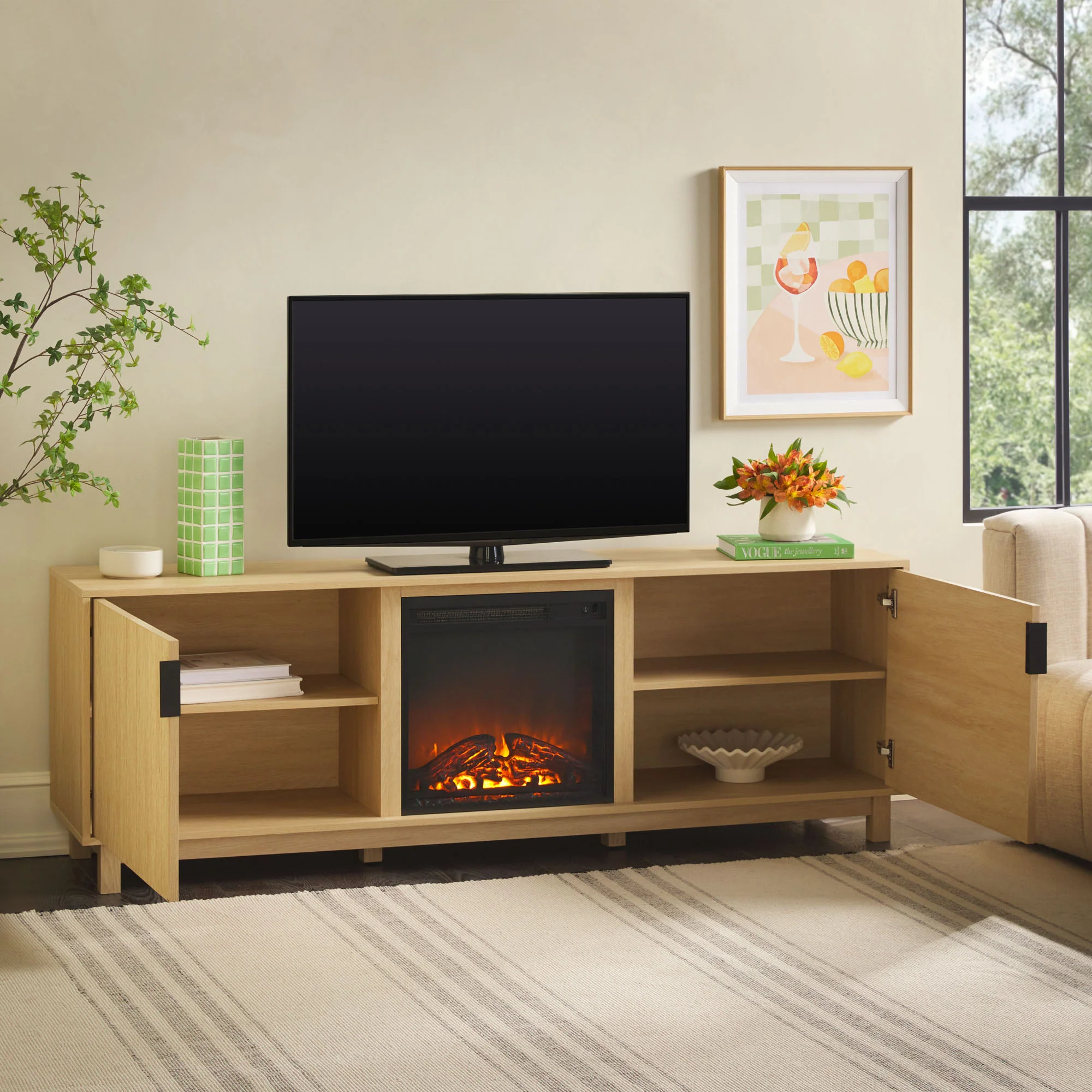 Reema Scandinavian 70" Modern Reeded TV Stand with Freestanding Electric Fireplace - Image 14