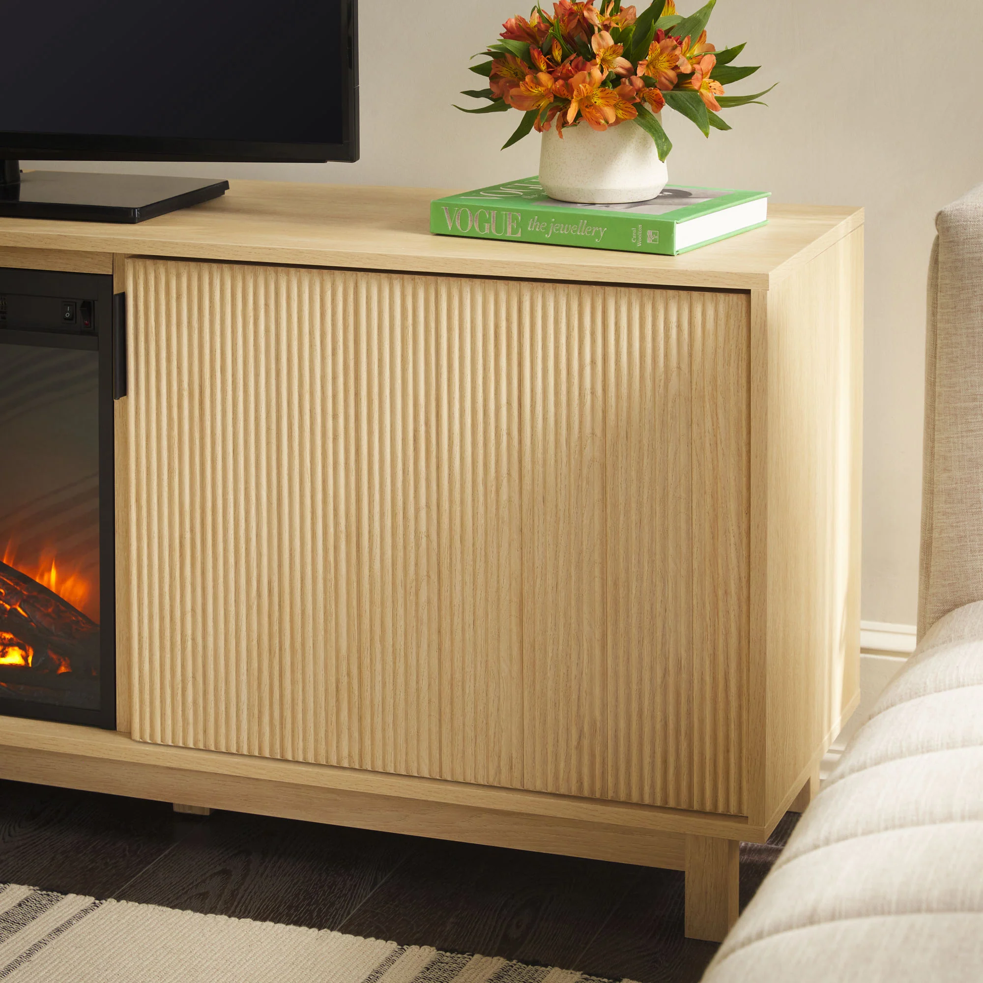 Reema Scandinavian 70" Modern Reeded TV Stand with Freestanding Electric Fireplace - Image 15