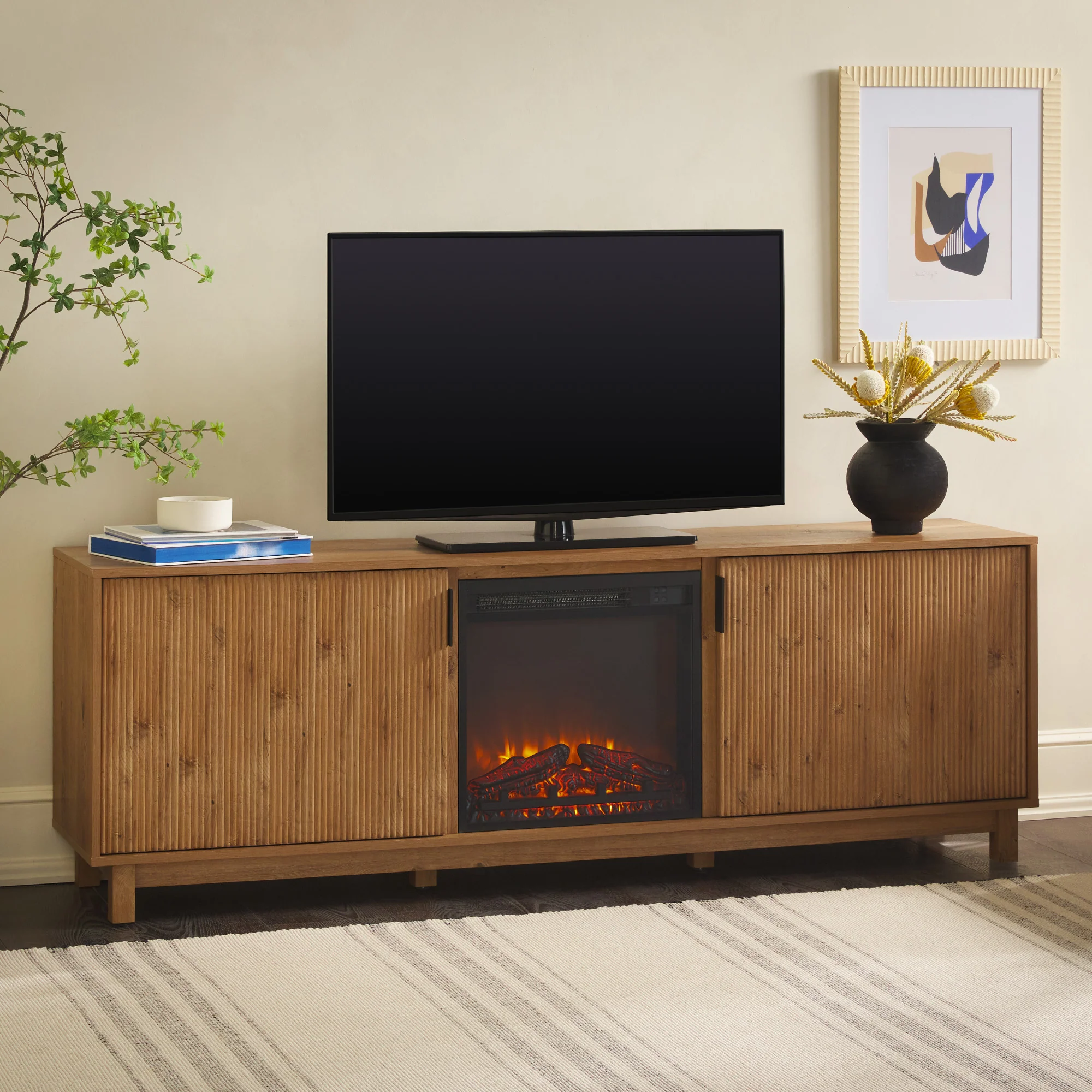 Reema Scandinavian 70" Modern Reeded TV Stand with Freestanding Electric Fireplace - Image 3