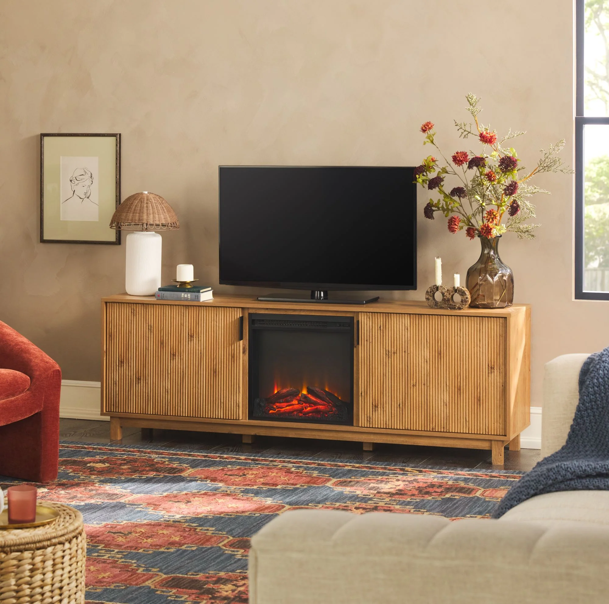 Reema Scandinavian 70" Modern Reeded TV Stand with Freestanding Electric Fireplace - Image 4