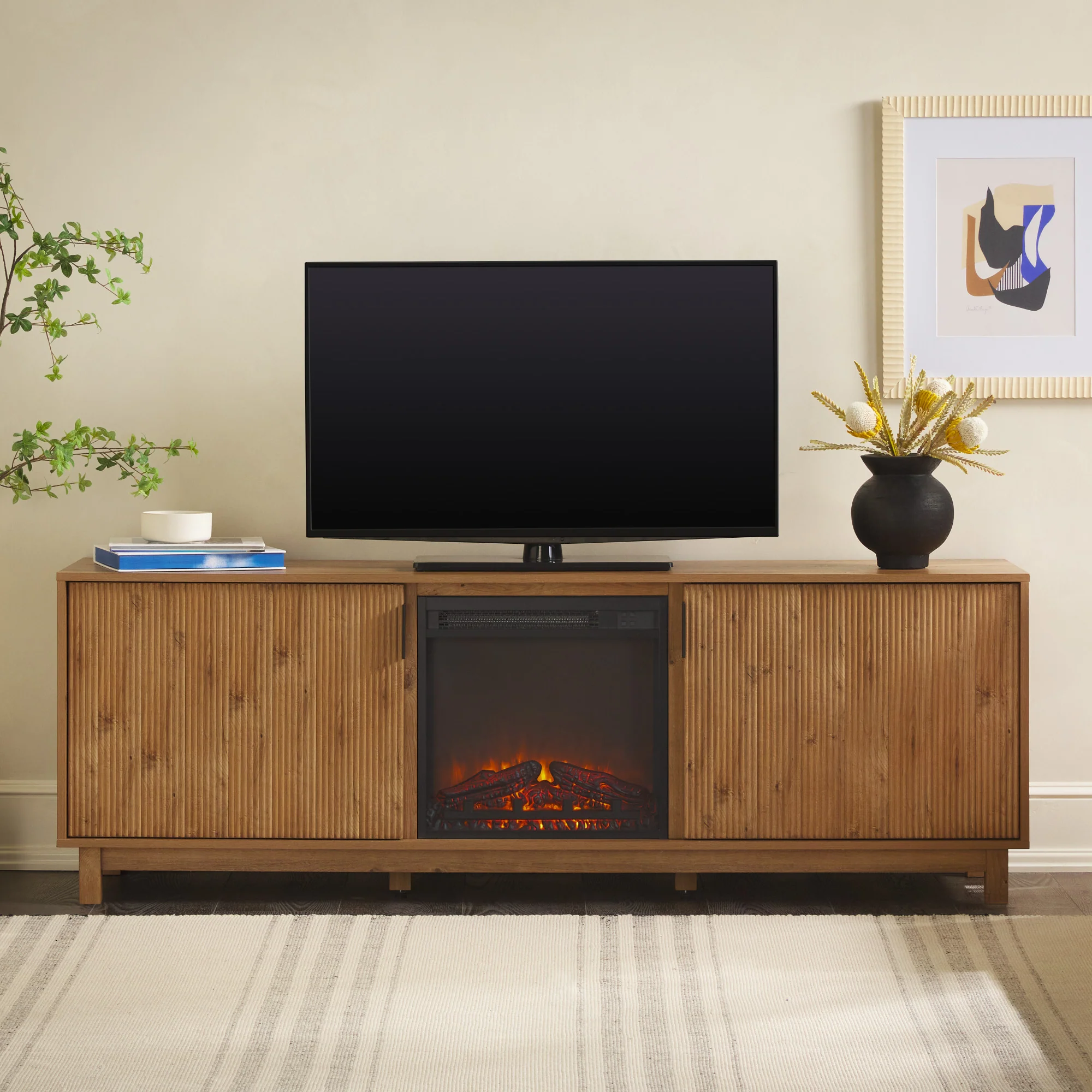 Reema Scandinavian 70" Modern Reeded TV Stand with Freestanding Electric Fireplace - Image 5