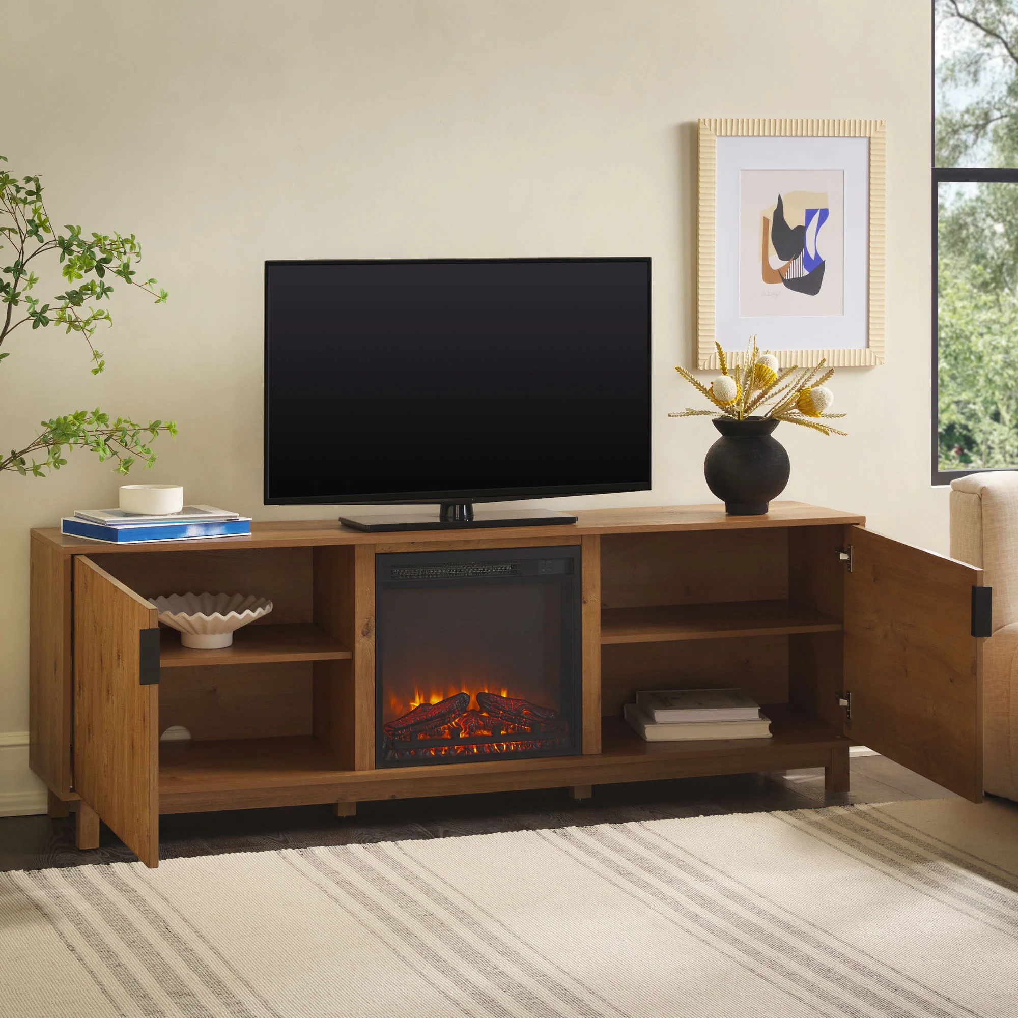 Reema Scandinavian 70" Modern Reeded TV Stand with Freestanding Electric Fireplace - Image 6