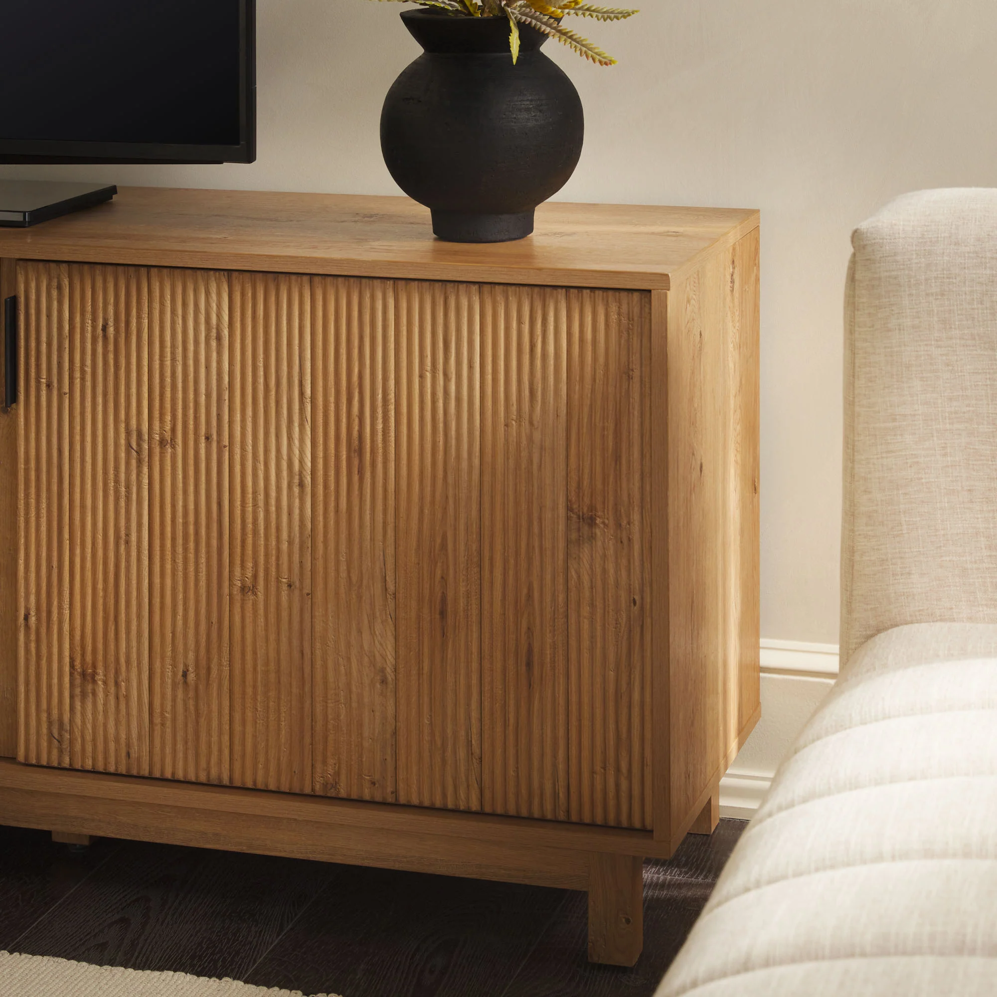 Reema Scandinavian 70" Modern Reeded TV Stand with Freestanding Electric Fireplace - Image 7