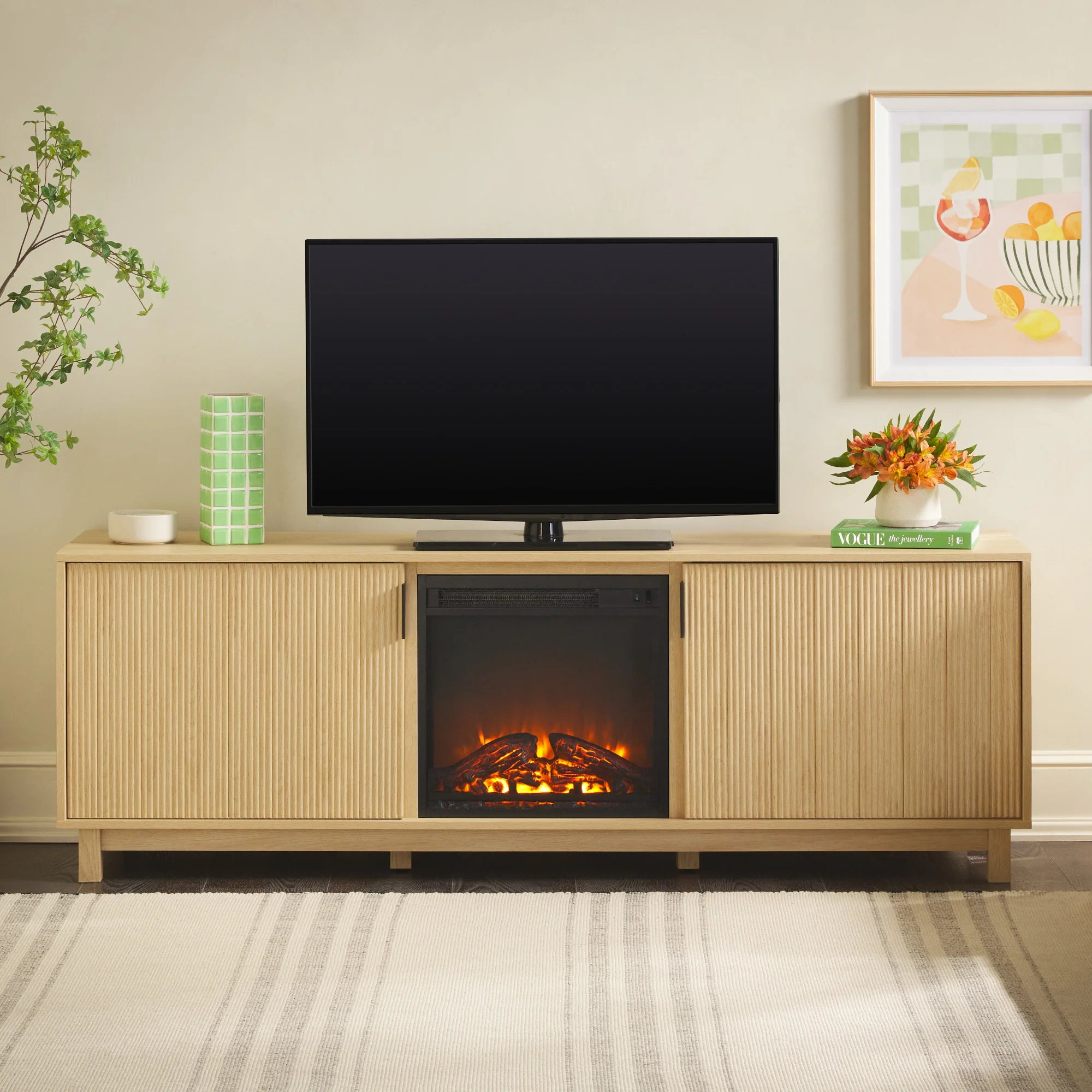 Reema Scandinavian 70" Modern Reeded TV Stand with Freestanding Electric Fireplace - Image 9