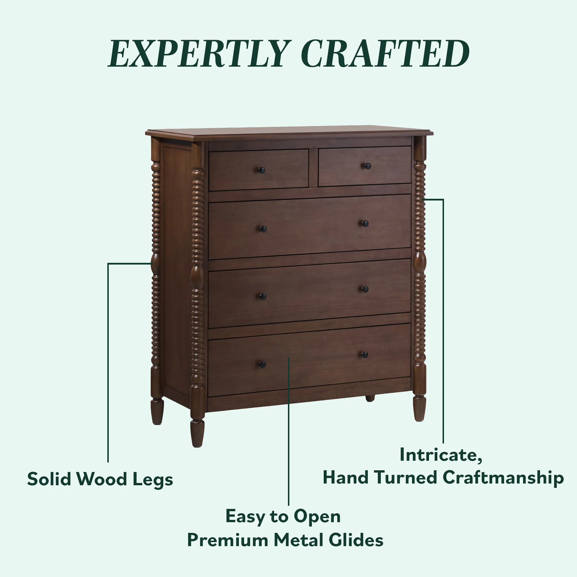 Traditional Vivienne 5-Drawer Easy Assembly Solid Wood Dresser - Image 4